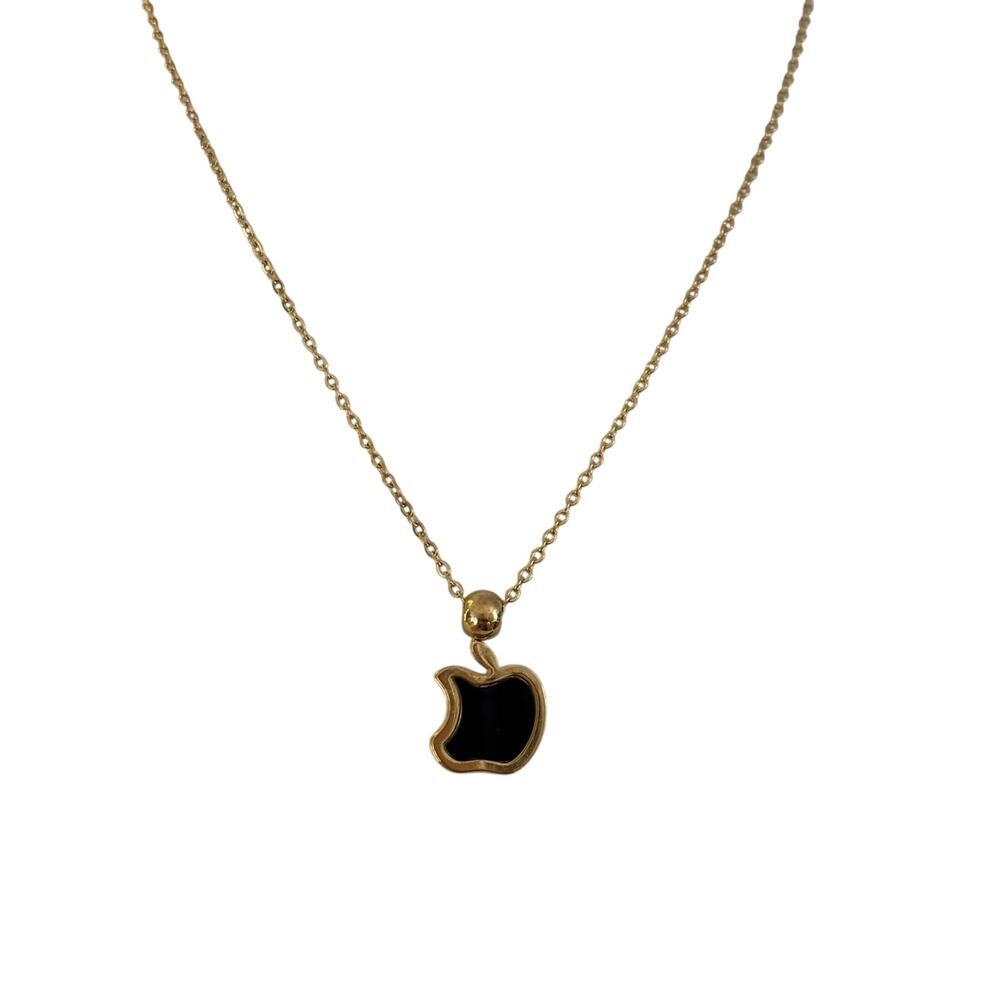 Black Apple Pendant Necklace Gold Stainless Steel Minimal Charm Gift - Picture 5 of 7
